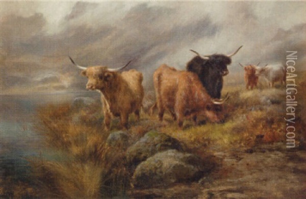 Highland Cattle In A Mountainous Loch Landscape Oil Painting - John W. Morris