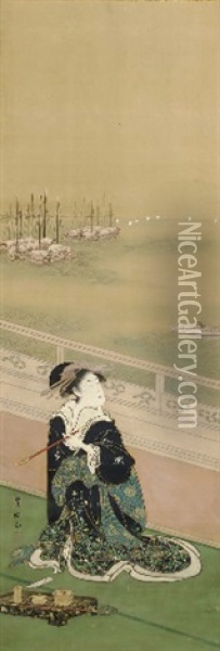 Courtesan Smoking On A Verandah Overlooking A Bay Oil Painting - Utagawa Toyokuni (Toyokuni I)