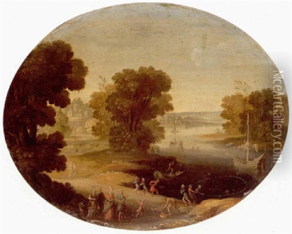 A River Landscape With A King And His Retinue (polycrates Of Samos?) Finding The Ring Oil Painting - Paul Bril