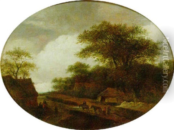 Flachhugelige Landschaft Mit Einzelnen Eichen, Figurenstaffage Und Bauernhausern Oil Painting - Jacob Salomonsz van Ruysdael