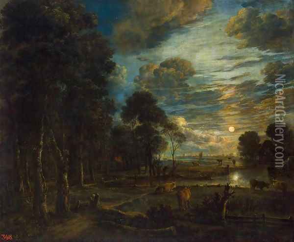 Night Landscape with a River Oil Painting - Aert van der Neer