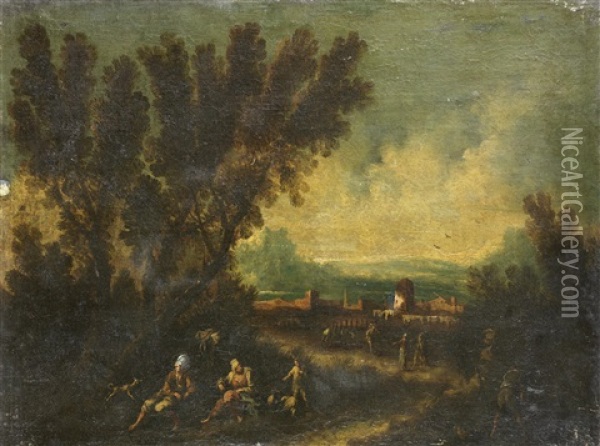 Figures Resting In A Landscape With A Walled Town In The Distance Oil Painting - Antonio Francesco Peruzzini