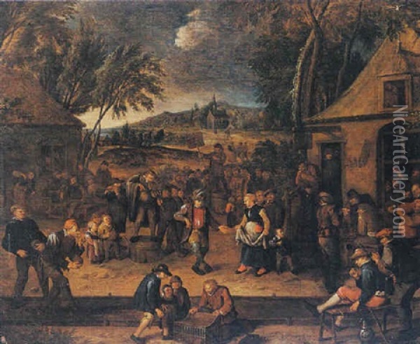 Figures Dancing And Bowling In Front Of An Inn Oil Painting - Egbert van Heemskerck the Younger