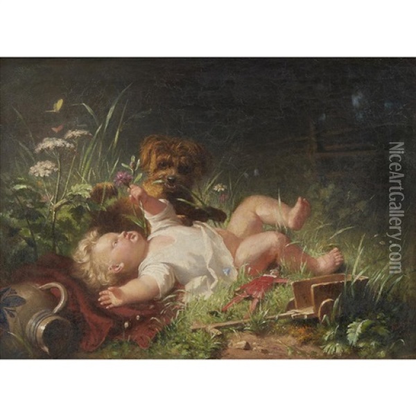 Infant And Terrier Oil Painting - Julius Kockert