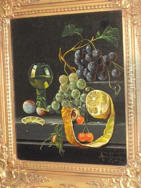 Still Life Of Fruit And Wine Glass Oil Painting - Adriaen Huygens