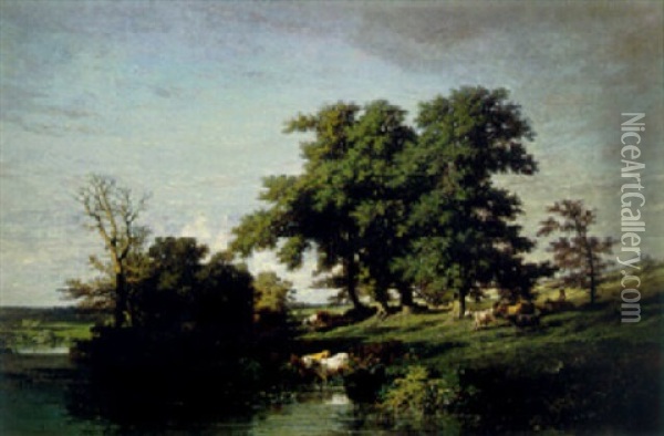 Landscape With Animals Watering Oil Painting - Jules Achille Noel