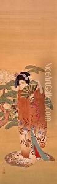 A Woman Holding A Fan Oil Painting - Shuho Yamakawa