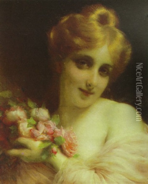 Portrait Of A Woman With Roses Oil Painting - Etienne Adolph Piot
