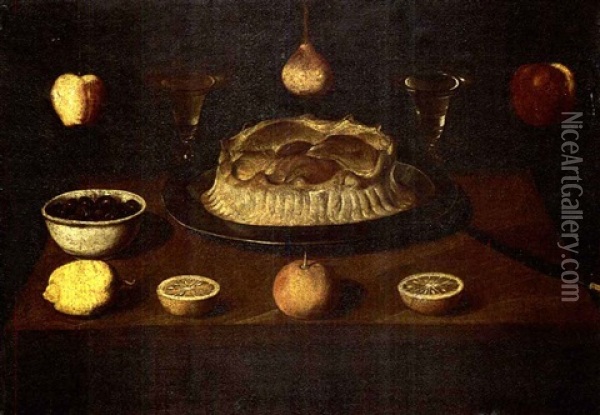 Still Life Of A Meat Pie, Glasses Of Wine, A Bowl Of        Black Olives, Lemons An Apple And A Knife Arranges On A Oil Painting - Juan Bautista de Espinosa