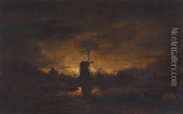 A Moonlit River Landscape With Figures In The Foreground, A Windmill Beyond Oil Painting - Aert van der Neer