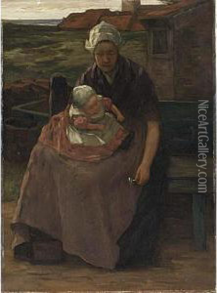A Fishersman's Wife With Her Child; Together With A Portrait By The Same Artist Oil Painting - Marinus Van Der Maarel