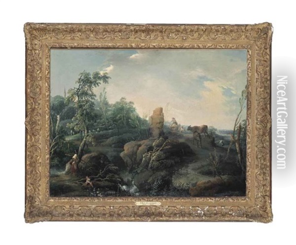 An Extensive Landscape With Travellers On A Hillock, A Ruin In The Foreground Oil Painting - Jean Baptiste Charles Claudot