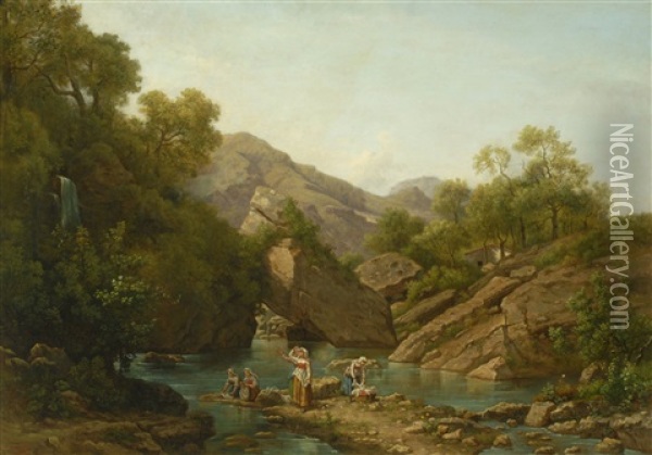 Italianate Riverscape With Washerwomen Oil Painting - Jean Victor Bertin