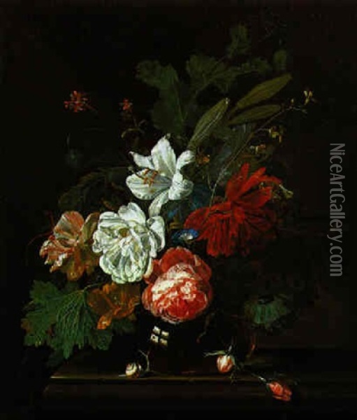 Ein Blumenstrauss Von Rosen, Tulpen, Mohnblumen, Wicken Und Einer Dahlie In Einer Glasvase Oil Painting - Willem Grasdorp