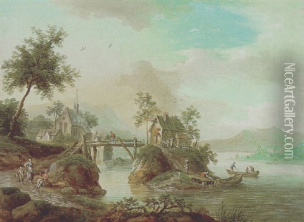 Flusslandschaft Mit Fussgangern Und Booten Oil Painting - Franz Hochecker