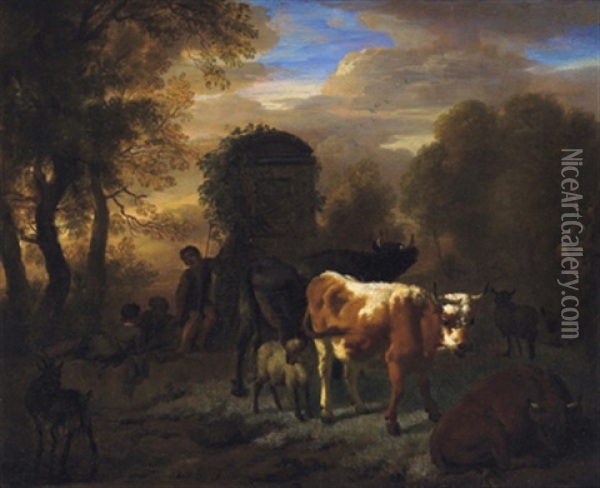 Hirte Und Herde In Einer Sudlichen Landschaft Oil Painting - Dirk van Bergen
