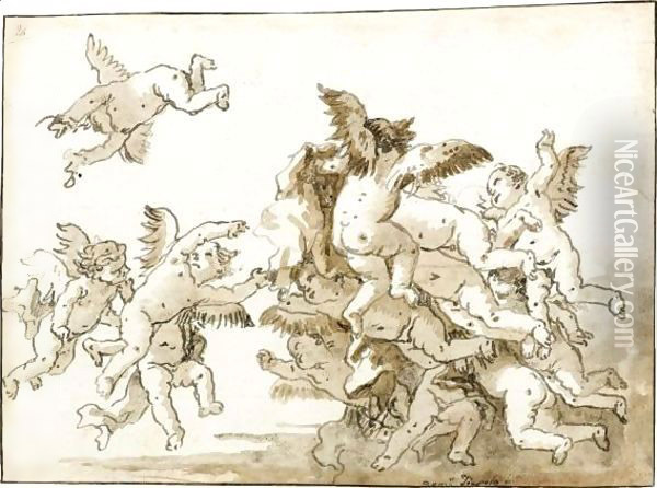 A Group Of Putti Playing In The Clouds Oil Painting - Giovanni Domenico Tiepolo