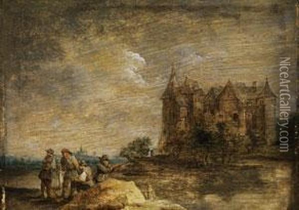 Landschaft Mit Mittelalterlichem Schlossgebaude Undfigurenstaffage Oil Painting - David The Younger Teniers