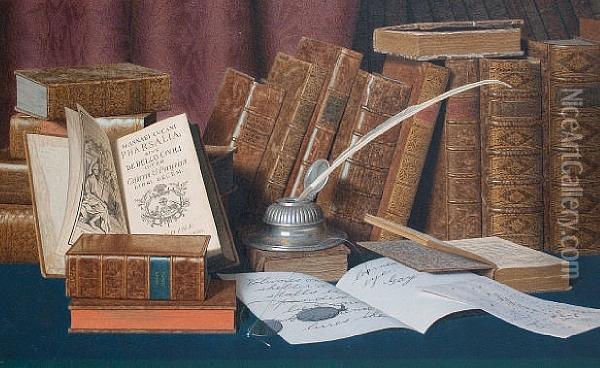 The Bibliophile's Desk Oil Painting - L. Block