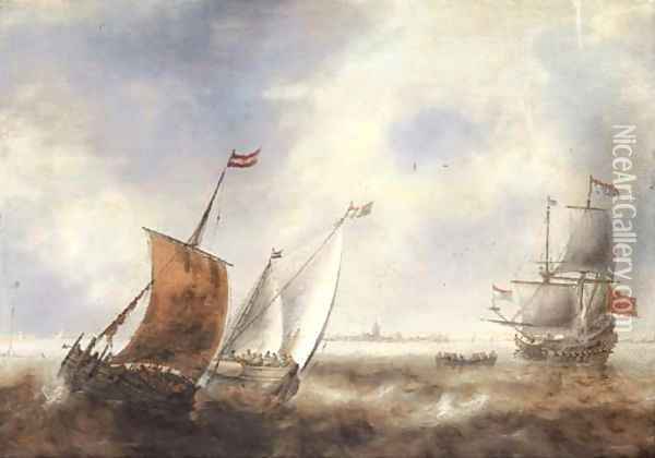 Two smalschips in stormy waters with a Dutch Man of War off the coast of a town Oil Painting - Jacob Adriaensz. Bellevois