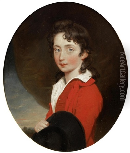 Portrait Of Thomas Thackery Of Bath, Half-length, In A Red Coat, Before A Landscape Oil Painting - John Downman
