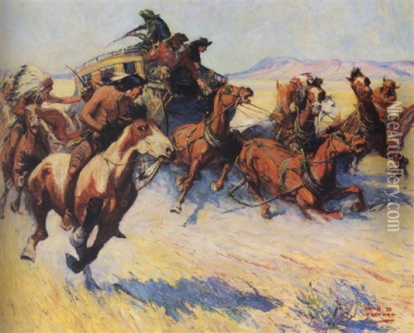 Indians Attacking Stagecoach Oil Painting - William Henry Dethlef Koerner