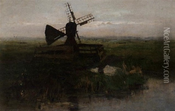 A Windmill In A Polder Landscape Oil Painting - Jacob Ritsema