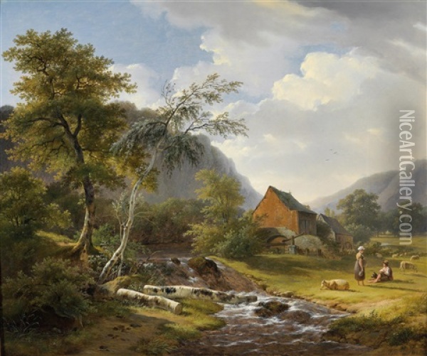 A Landscape With A Creek And Shepherds Oil Painting - Pierre-Jean Hellemans
