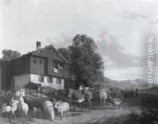 Heimkehrende Viehherde Vor Einem Bauernhaus Oil Painting - Robert Eberle