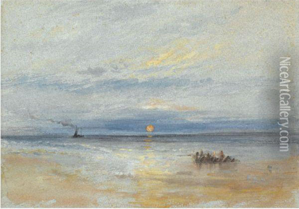 Coastal View At Sunset With Fishing Boat Returning To Port Oil Painting - Joseph Mallord William Turner