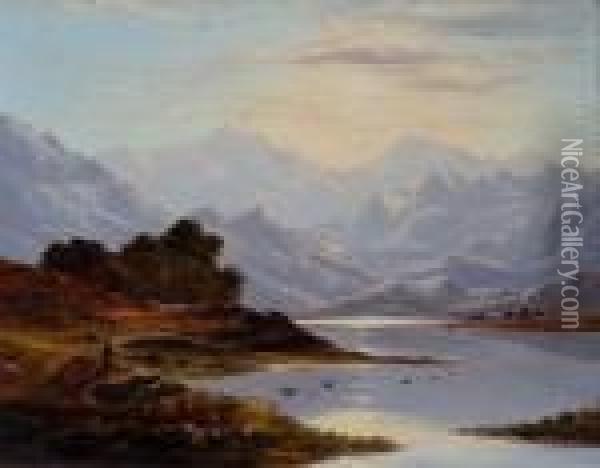 A Figure On The Shores Of A Sun Lit Mountainous Loch Oil Painting - Charles Leslie