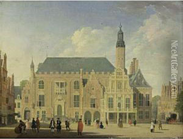 Haarlem: A View Of The Town Hall With Elegant Figures Promenading Oil Painting - Jan ten Compe