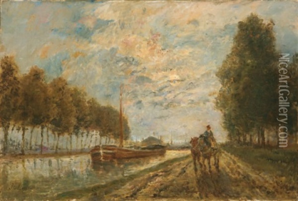 Le Canal De L'ourcq. Chemin De Halage. Effet De Lune Oil Painting - Stanislas Lepine