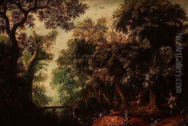 A Stag Hunt in a forest Oil Painting - David Vinckboons