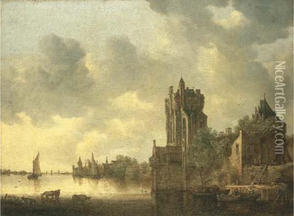 A River Landscape With Cows Watering By A Fortified Tower Oil Painting - Jan van Goyen