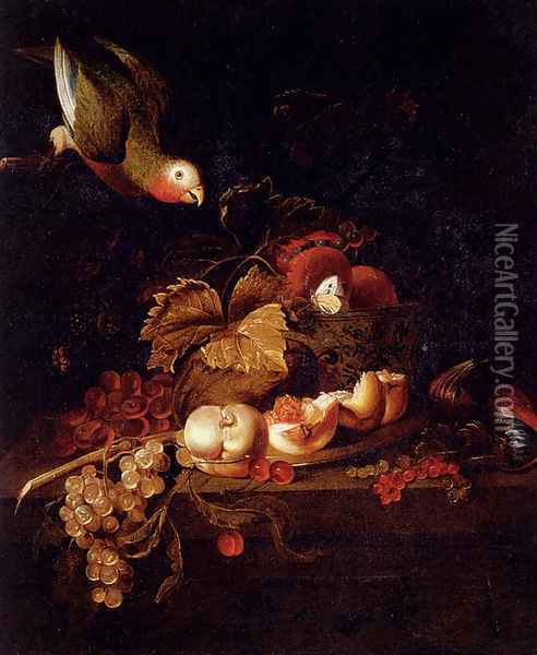 Still Life Of Grapes, A Halved Peach And Cherries Resting On A Table With A Parrot Oil Painting - Jakab Bogdany
