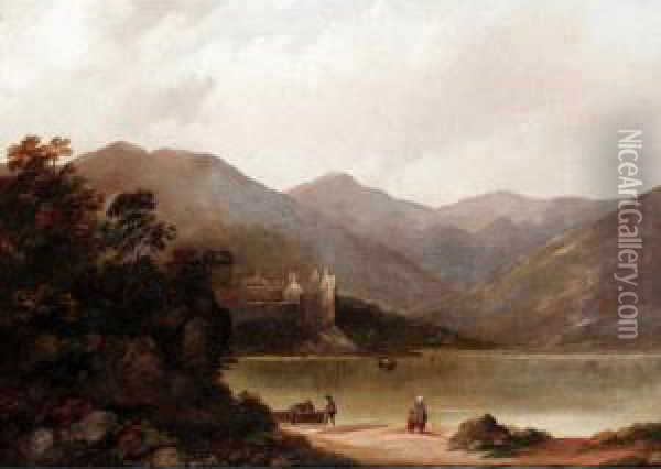 Figures At The Head Of Loch Awe With Kilchurn Castle Beyond Oil Painting - Edward Train