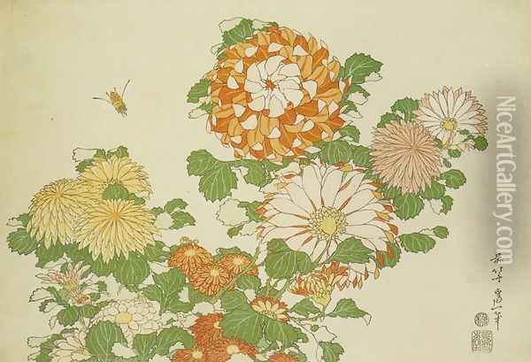Chrysanthemum and Bee Oil Painting - Katsushika Hokusai
