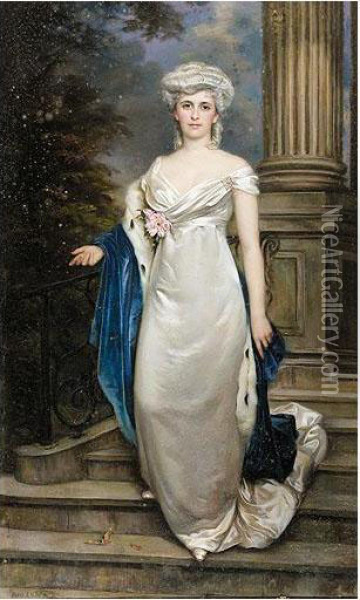 Portrait Of A Lady In A White Satin Dress Oil Painting - Pablo Antonio Bejar Novella