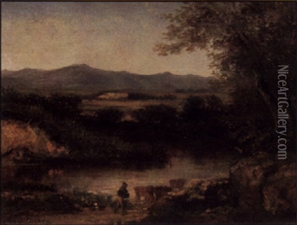 Figure And Cattle By A Stream Oil Painting - Jules Dupre
