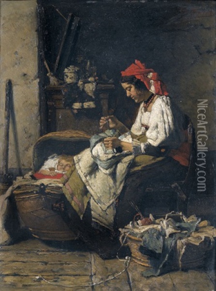 Mutter Mit Nahzeug Und Schlafendes Kind In Interieur Oil Painting - Victor Ravet