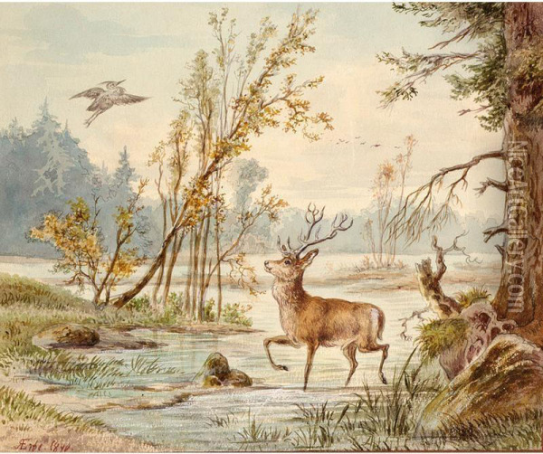 A Deer And A Heron In A Marsh Landscape Oil Painting - Robert Erbe