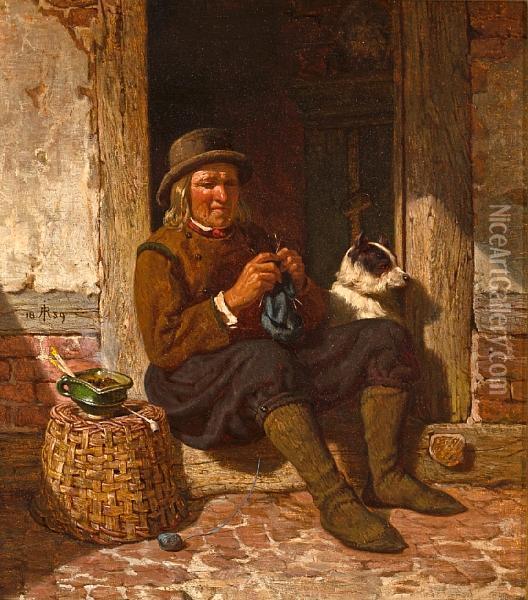 A Man Seated In A Doorway Knitting With Hisdog Oil Painting - Rudolf Jordan