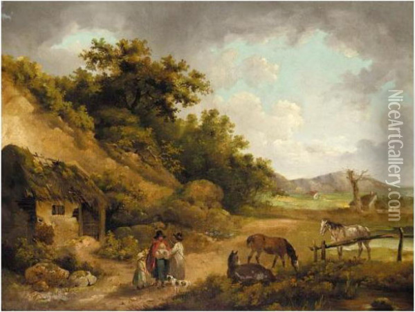 Peasants Talking Outside A Ruined Cottage In A Landscape By The Coast Oil Painting - George Morland
