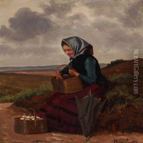 A Wife With Egs In Her Basket Oil Painting - Hans Ludvig Smidth