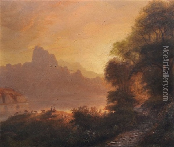 Abendliche Fluslandschaft Mit Ziegenherde, Im Hintergrund Berge Oil Painting - Carl Robert Kummer