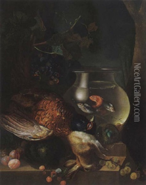 A Still Life Of A Fish Bowl, A Pheasant, A Hare And Fruits Oil Painting - Georgius Jacobus Johannes van Os