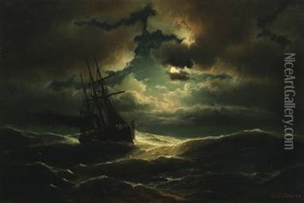 Seascape With Three Masted Steamer In The Moonlight Oil Painting - Carl Ludwig Bille