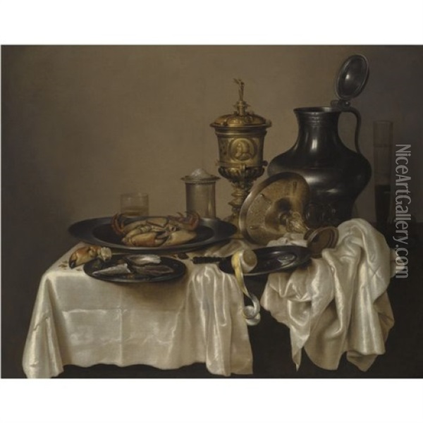 A Still Life With A Silver-gilt Goblet, An Overturned Silver Tazza, A Pewter Flagon, Glasses And A Salt Cellar, With A Crab, Oysters, Nuts, A Knife And A Peeled Lemon On A Table Draped With A White Cloth Oil Painting - Willem Claesz Heda