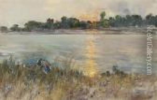 A Gathering On The Riverbank At Dusk Oil Painting - Giuseppe Casciaro